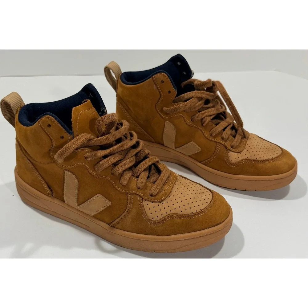 Veja V-15 High Top‎ Sneakers Camel Brown Nubuck Leather Womens Size 8 EUR 39